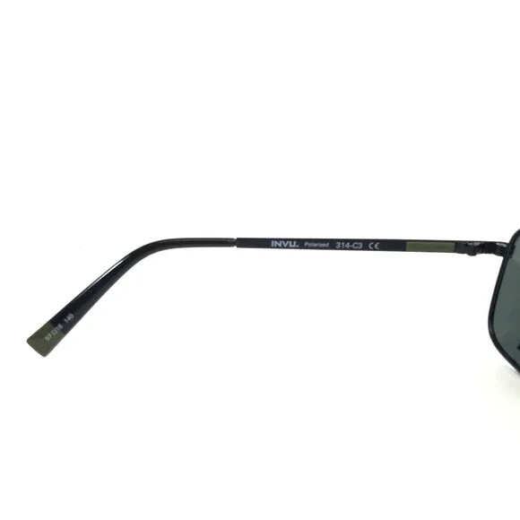 INVU. Sunglasses 314-C3 Shiny Black Rectangle Frames with Green Polarized Lenses